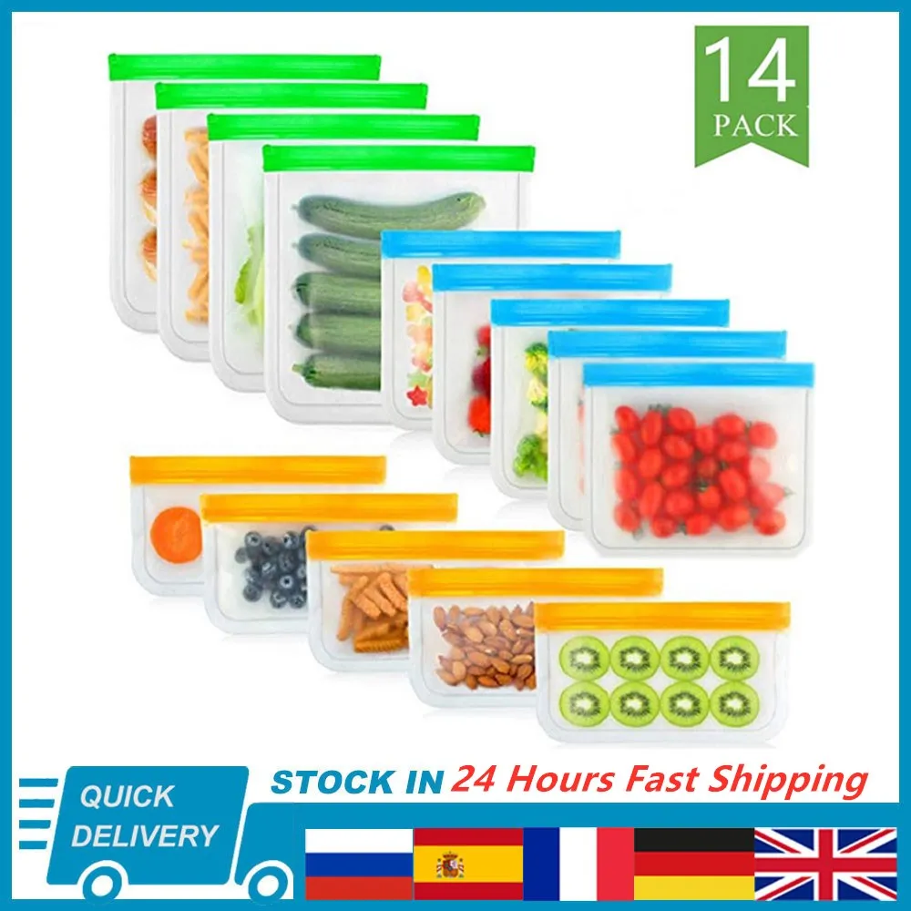 

14Pcs/set Of Silicone Food Bag Reusable Fresh-keeping Bag Fruit And Vegetable Sealed Bag Leak-proof Food Storage Ziplock Bag