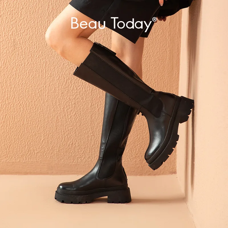 

BeauToday/высокие сапоги; Женские сапоги до колена на платформе из коровьей кожи с эластичным ремешком и молнией сзади; Женская обувь на массивн...