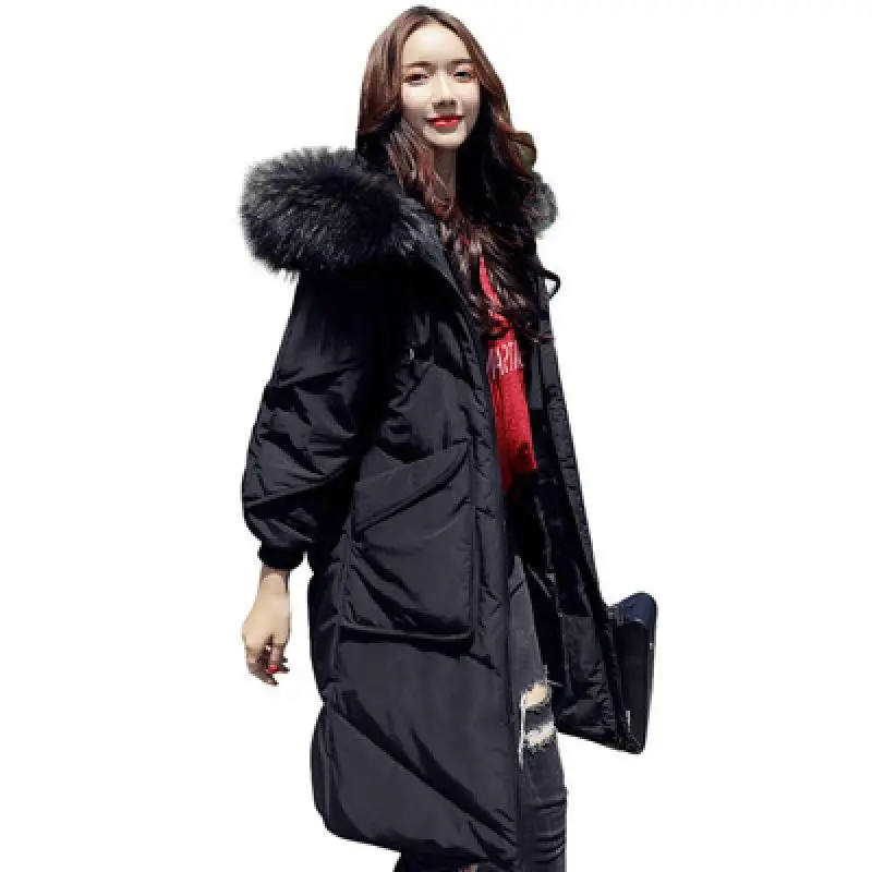 Женский длинный пуховик с большими карманами свободная парка в Корейском стиле