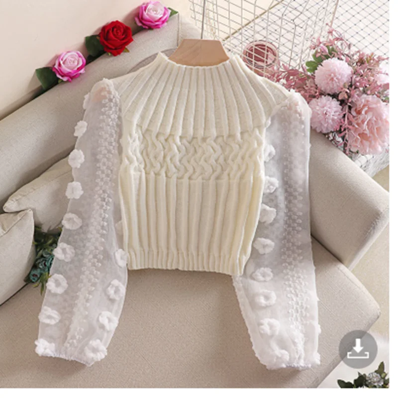 

Autumn Women's Sweater Fashion Tight-fitting Slimming Puff Sleeve Mesh Stitching Round Neck Short Knit Sweater