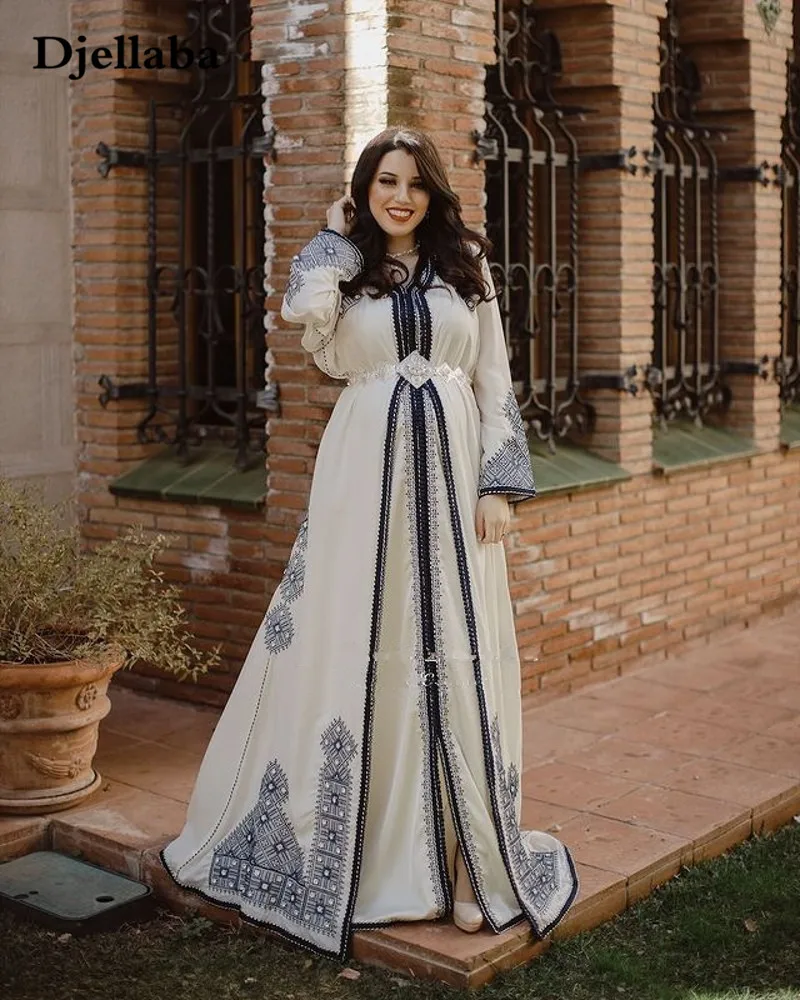 

Moroccan Caftan Chiffon Evening Dresses Embroidery Lace Long Sleeve Arabic Muslim Women Wear Formal Gowns robe de soiree