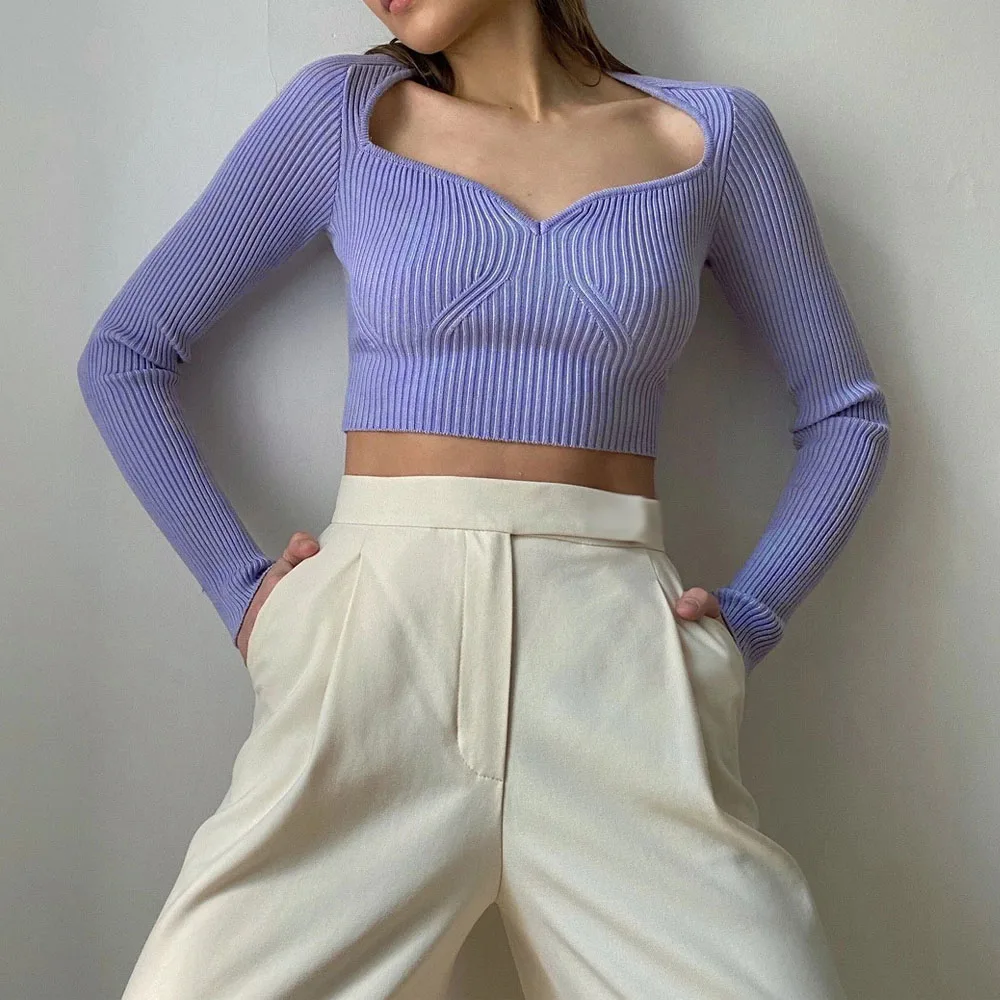 

Spring Autumn Fashion Womens Long Sleeve T-shirt Sexy Solid Women Slim Fit Cropped Ribbing Top Stylish Girls High Street Clothin