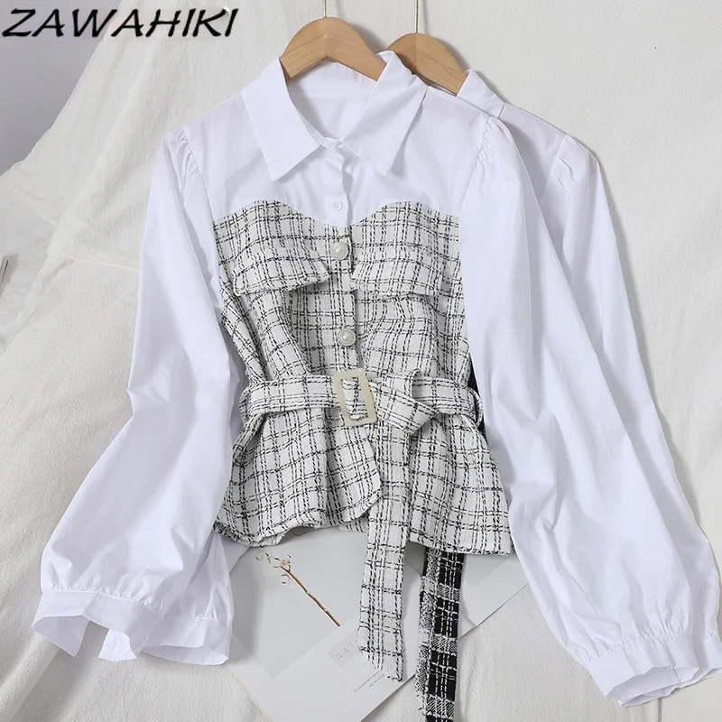 

ZAWAHIKI Fake 2 Pcs Women Blouses Bandage Plaid Vintage Patchwork Autumn Winter Blusas Korean Chic Ropa Mujer Ladies Tops