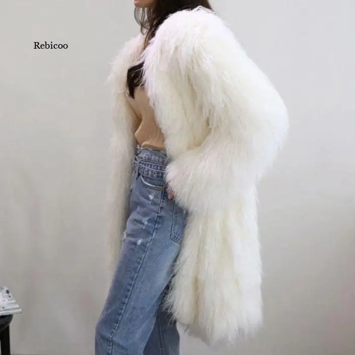 

New Women's White Faux Fur Long Coat Thick Warm O-neck Single Breasted Outwear Long Sleeve Wool Fur