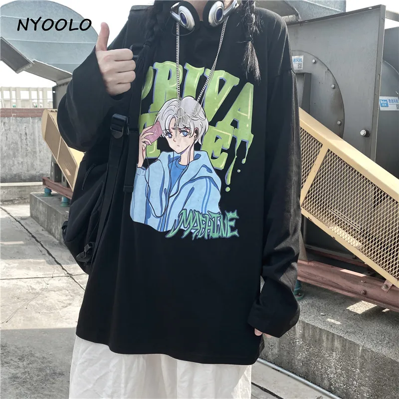

NYOOLO Harajuku Cartoon character letters print long sleeve t-shirt women clothes Spring autumn streetwear pullovers tops tee