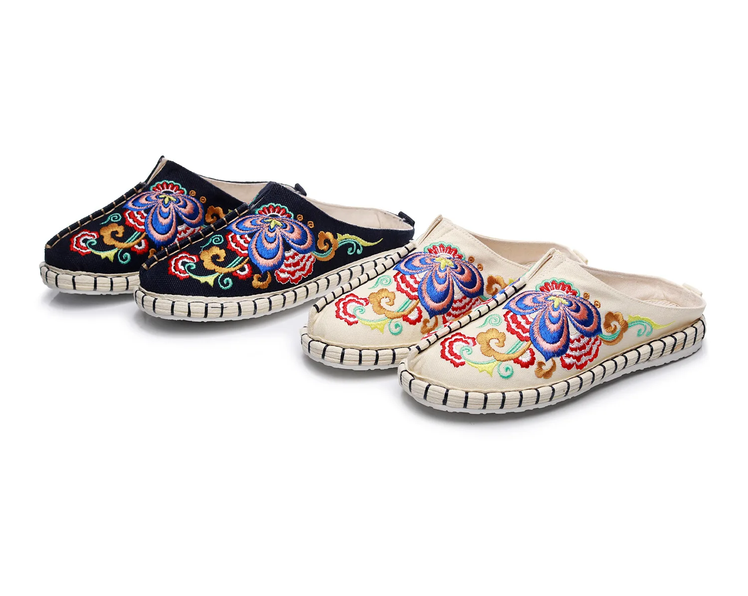 

sandalias-Ms white cotton embroidered folk embroidery cloth slippers