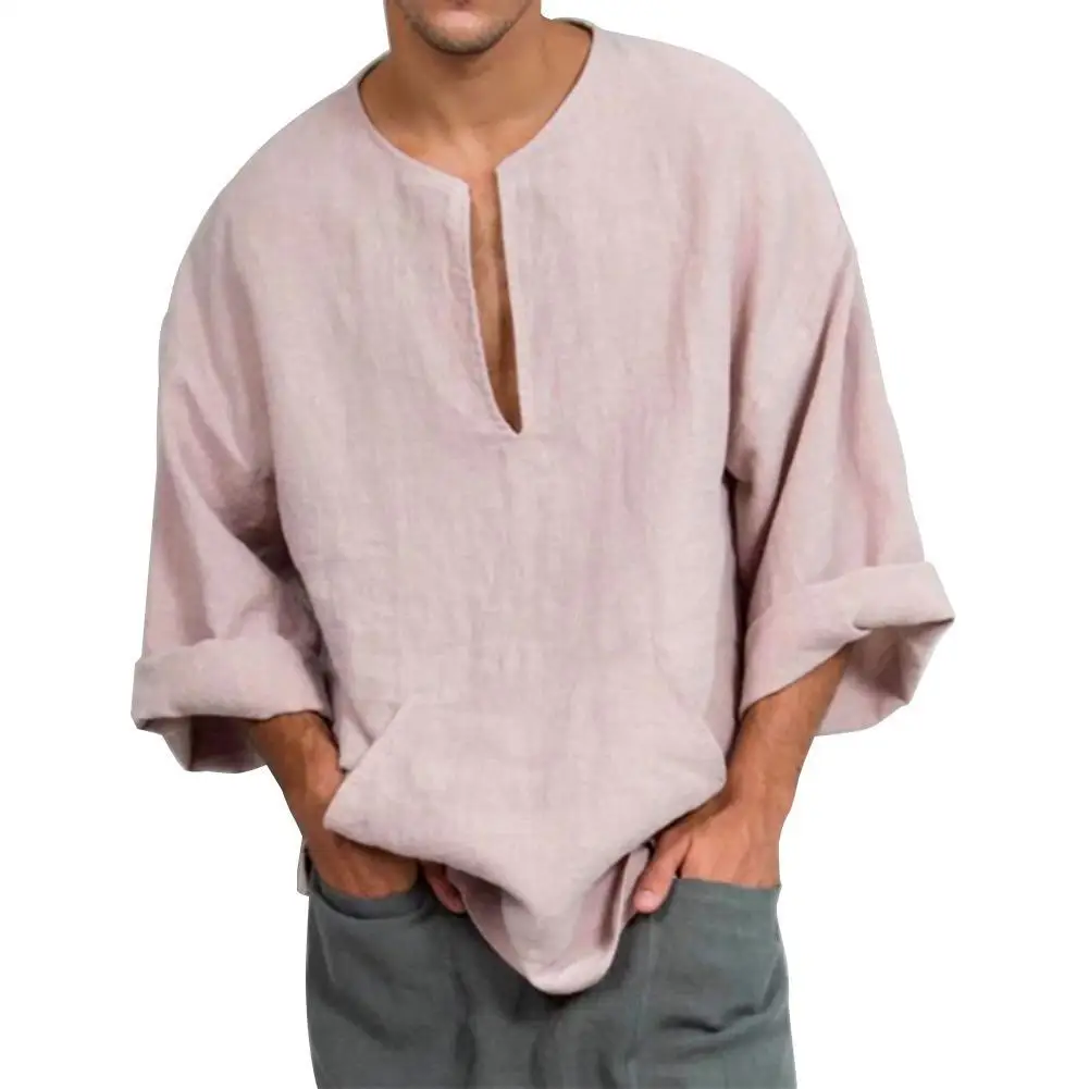 

Men Fashion T-shirt Beach Solid Color V Neck Flare Long Sleeve Cotton Top Shirt Blouse masculina Shirt Casual Top Blouse T Shirt