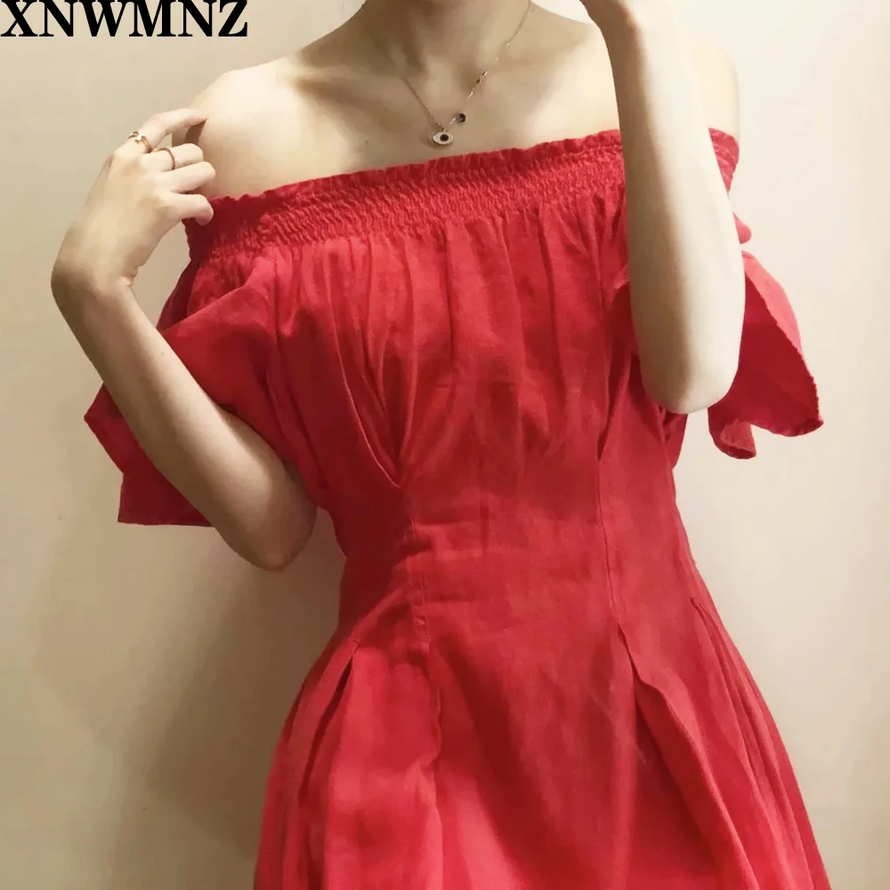 

Za Women 2020 Chic Fashion With Darts Back Smocked Midi Dress Vintage Wide Elastic Neck Ruffle Sleeve Female Dresses Mujer robe