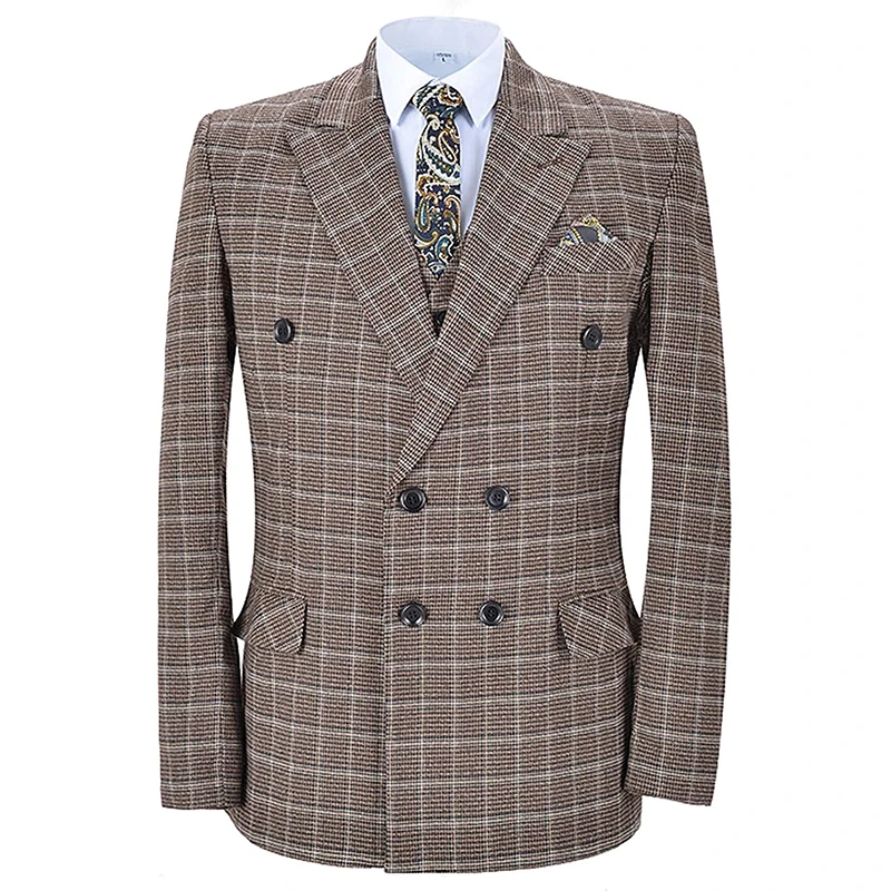 

Men's Slim Fit Suits Formal Business 2 Piece Jacket and Pants Sets Plaid Double Breasted Blazer Masculino Groom Wedding Tuxedo