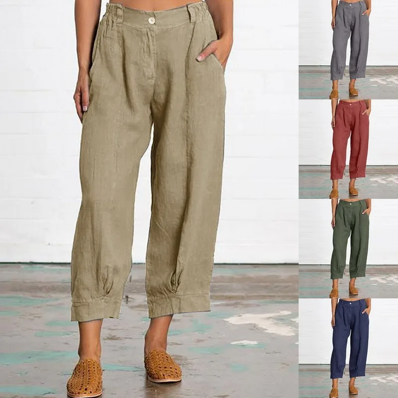 

Oeak 2021 New Women's Pants Casual Solid Color Cotton Linen Ankle-Length Pants Harajuku Wide Leg Women Pants Trousers Plus