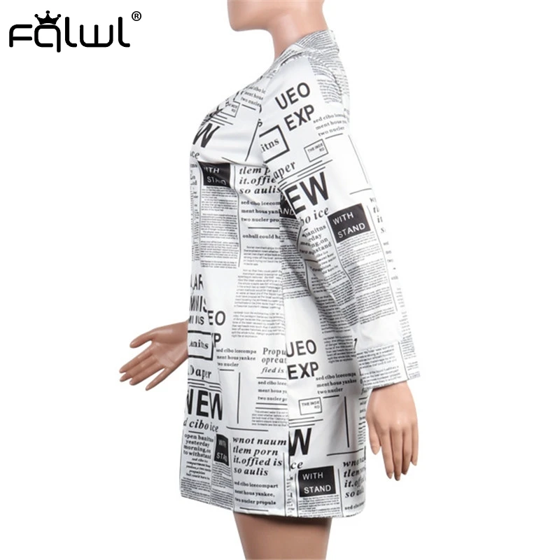 FQLWL Newspaper Letter Printed Long Blouse Shirt Women Tops Sleeve Loose Female Blusas Autumn Sexy Club Ladies | Женская одежда