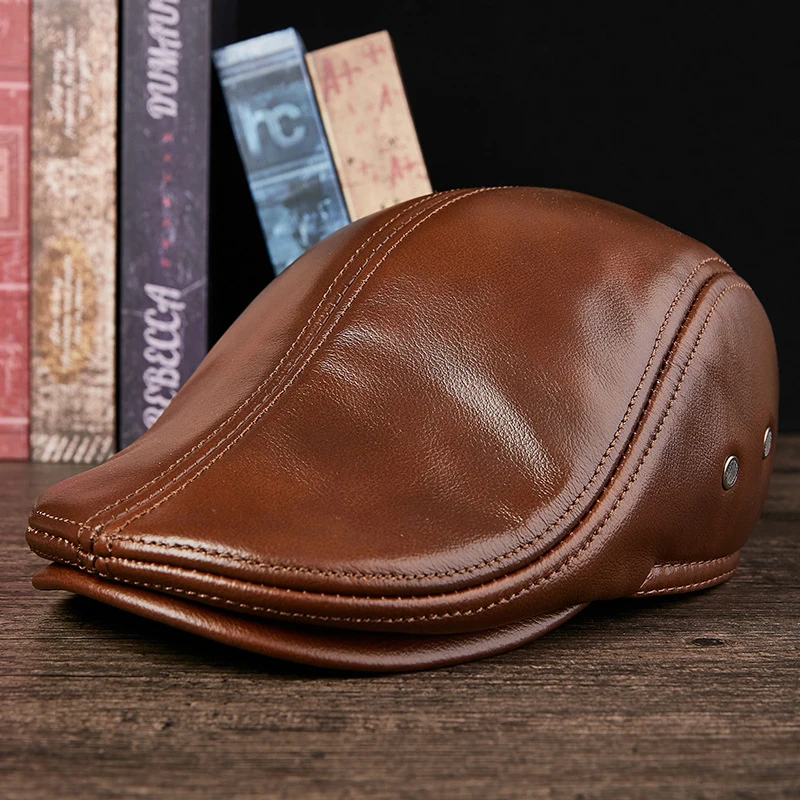 Кожаная шапка сезон осень-зима мужская из воловьей кожи модная зимняя с гусиным