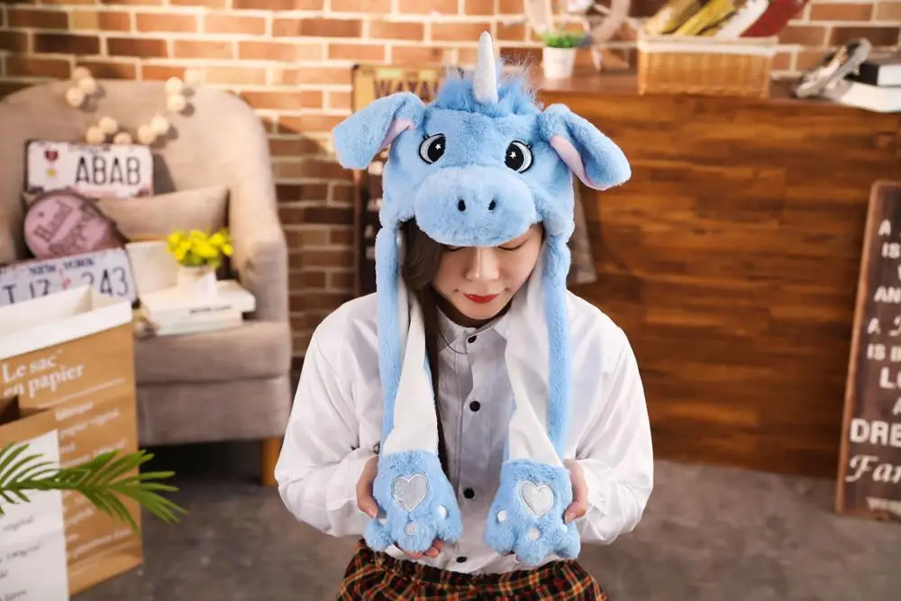 blue unicorn Новая Привлекательная плюшевая шапка с подвижными ушками, забавная игрушка для игр с ушками, кролик, собака, свинья, Подарочная игрушка для детей, девочек - Цвет: blue unicorn