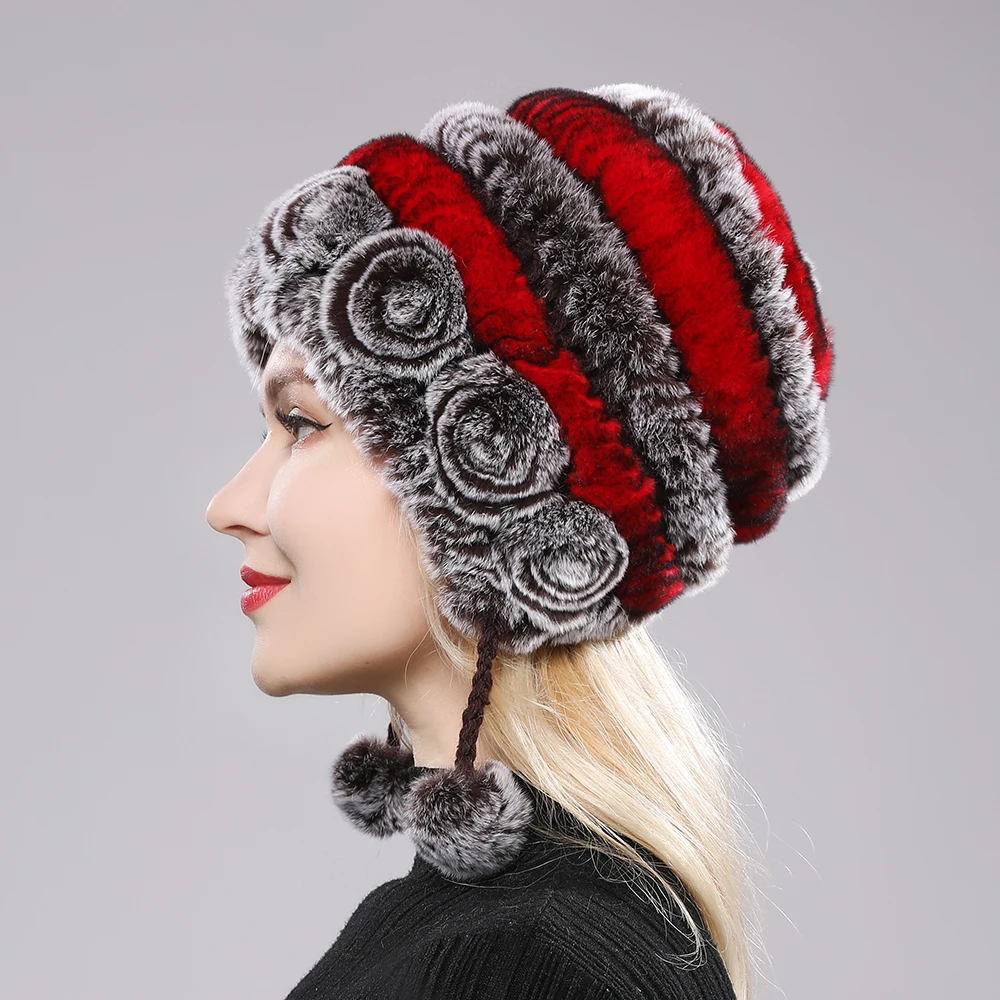 Зимние шапки для девочек и женщин, настоящая шапка из кролика рекс, цветочная вязаная шапка с помпонами, черепами и бини 55-59см.