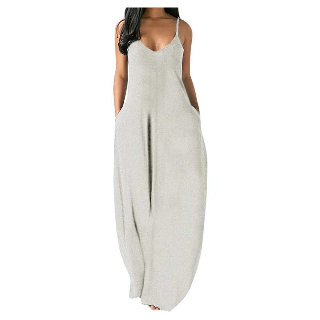 

Women Dress Fashion Sexy Plus Size Solid Colors Sleeveless O-Neck Dresses Ladies Pockets Camisole Long Dress vestido de mujer L5