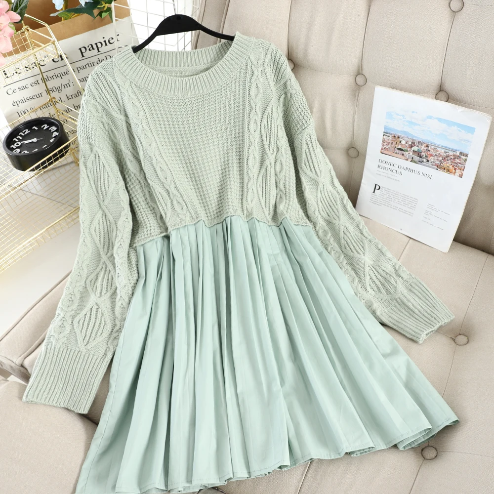 SINGRAIN Large Size Women Knitted Dress Winter Casual A-Line Warm Thick College Style Dresses Long Sleeves Korean Pleated |