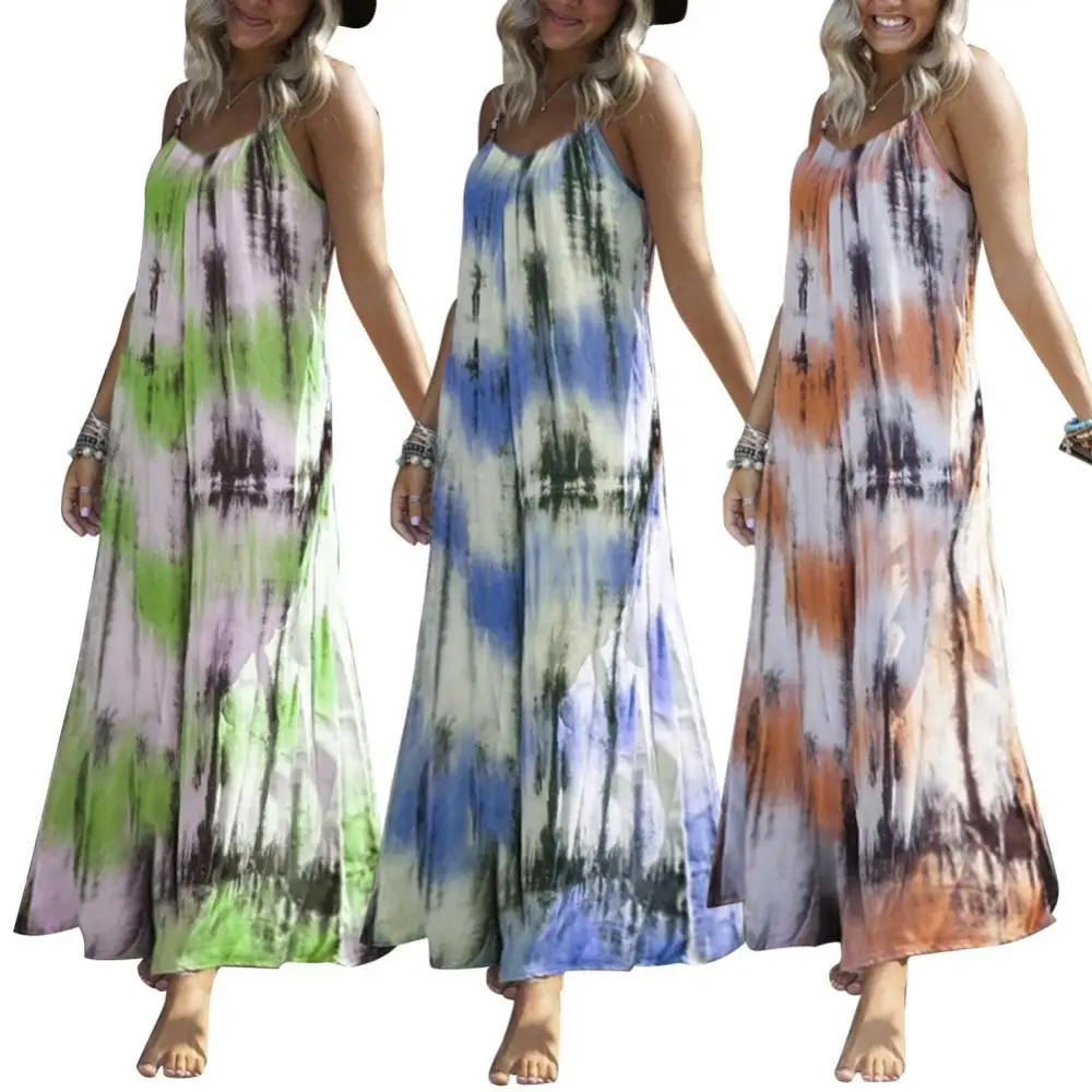 

Hot Sales!!!Women Stylish V Neck Spaghetti Straps Tie Dye Large Hem Beach Long Sling Dress