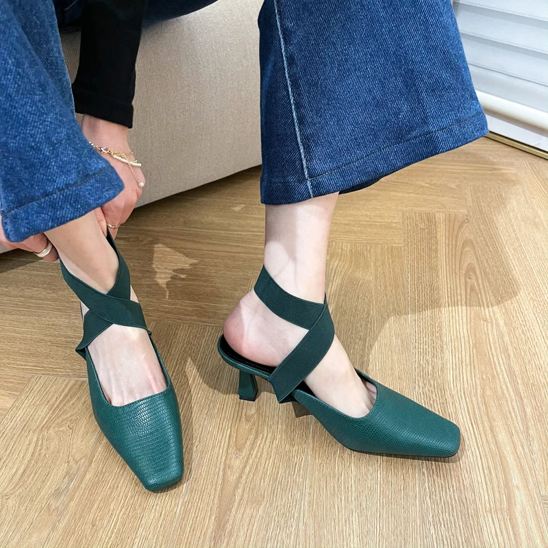 

High Heels Pumps Women Square Toe Slingbacks Lady Shoe Elastic Band Vintage Cross-strap Single Shoes Thin Heel Sandalias Summer