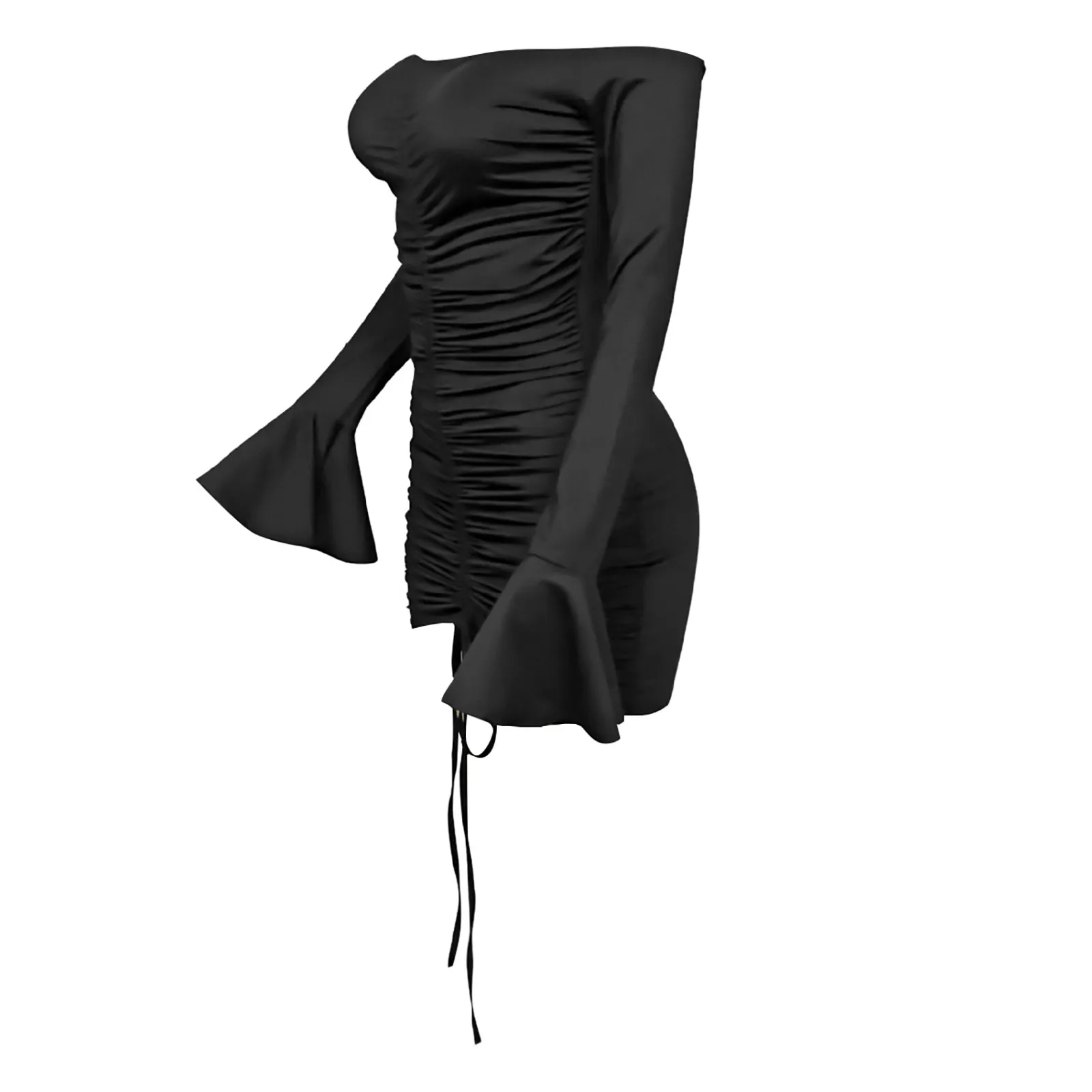 

Women Long Sleeve Off Shoulder Solid Color Drawstring Halter Sleeve Dress Sexy Slim A-line Version Lace Dress