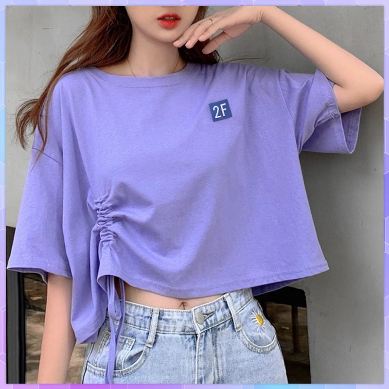 

Korean Sexy Crop Top White Shirt Women Tee Shirt Summer High Waist Short Sleeve Crop Top Harajuku Lace Up Loose T-Shirts Blusas