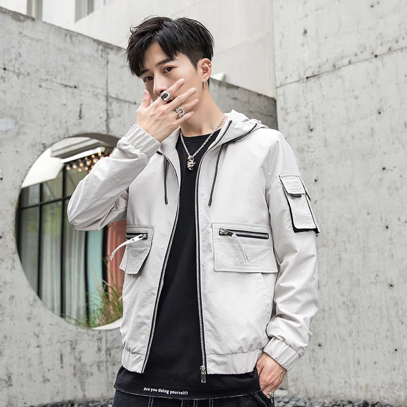 

Men's Casual Bomber Jacket Men Spring Autumn Hip Hop Windbreaker Black White Yellow Cargo Jackets Male Windproof Hooded Coats