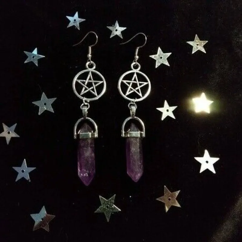 Witch Strega Star Earrings Purple Glass Handmade Earrings Wicca Pagan Bronze Pentacle Earrings Spirit Purple Glass Bronze Earrings