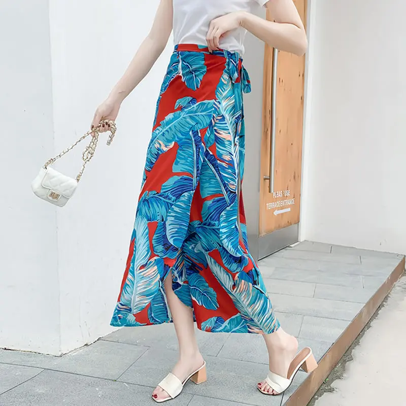 

Summer Women Chiffon Leopard Floral Print Wrap Skirt Jupe Femme High Waist Boho Bohemian Beach Holiday A-Line One Piece Skirts