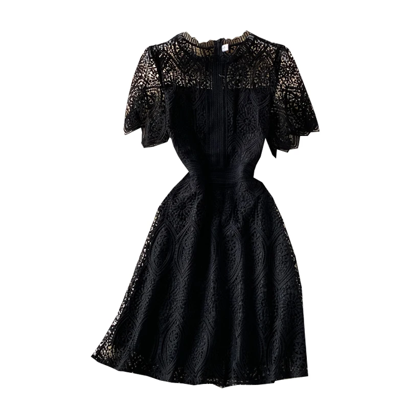 

Summer Dress Women O-Neck Short Sleeve Slim Mini Dress High Quality Hook Flower Hollow Chemical Lace Runway Vestidos Femme