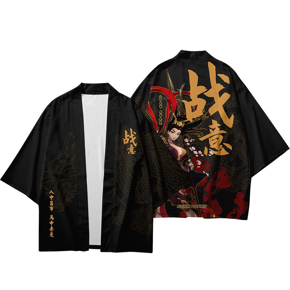 Japanese Kimono Harakuju Vintage Black Print Kimono Autumn Shirt Yukata Men Outerwear Beach Travel Thin