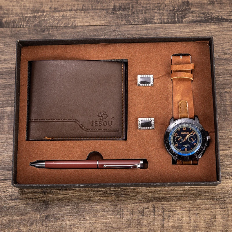 Мужские часы, подарочный набор, ретро Повседневные Спортивные кварцевые наручные часы, кошелек, шариковая ручка с запонками, набор для рожд... от AliExpress WW