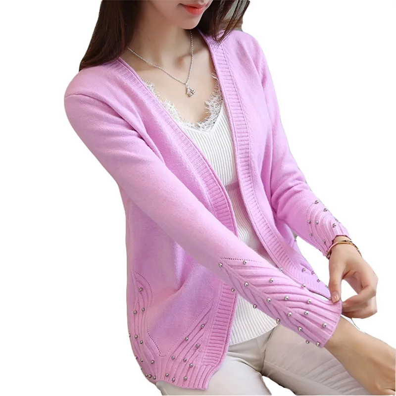 

2021 New Autumn Women Short Sweater Cardigans Fashion Long Sleeved Cardigans Beading Casual Sweater Coats Outerwear 346
