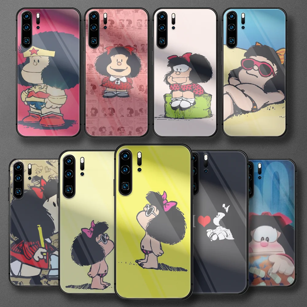 

Animated Cute Mafalda Tempered Glass Phone Case For Huawei Honor P 7 8 9 10 20 30 40 50 A X I Pro Lite Cover Coque Black Shell