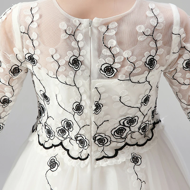 

Flower Girl Dresses Illusion Luxury White Embroidery Ball Gown Knee-Length Lace O-Neck Bow Half Kids Party Princess Skirt D348