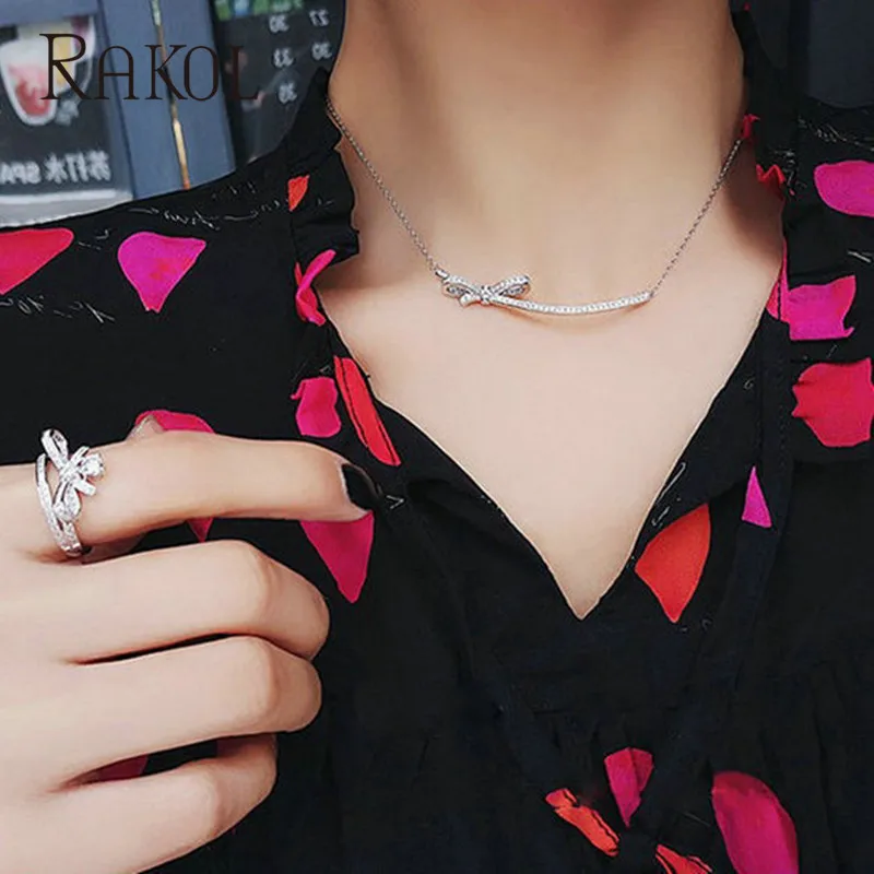 Новинка модное романтичное ожерелье RAKOL с бантом-бабочкой и кулоном из фианита