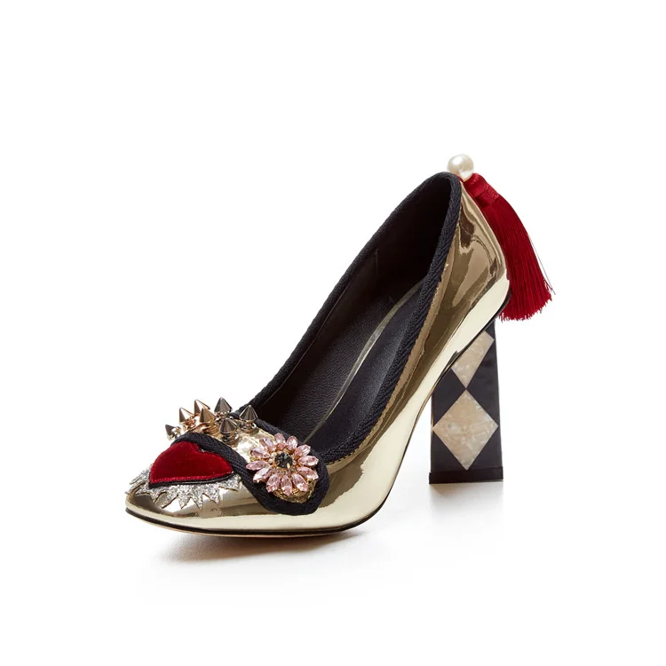 

shoes patent leather square head tassel rivet fashion thick heel high heel women's shallow mouth single shoes