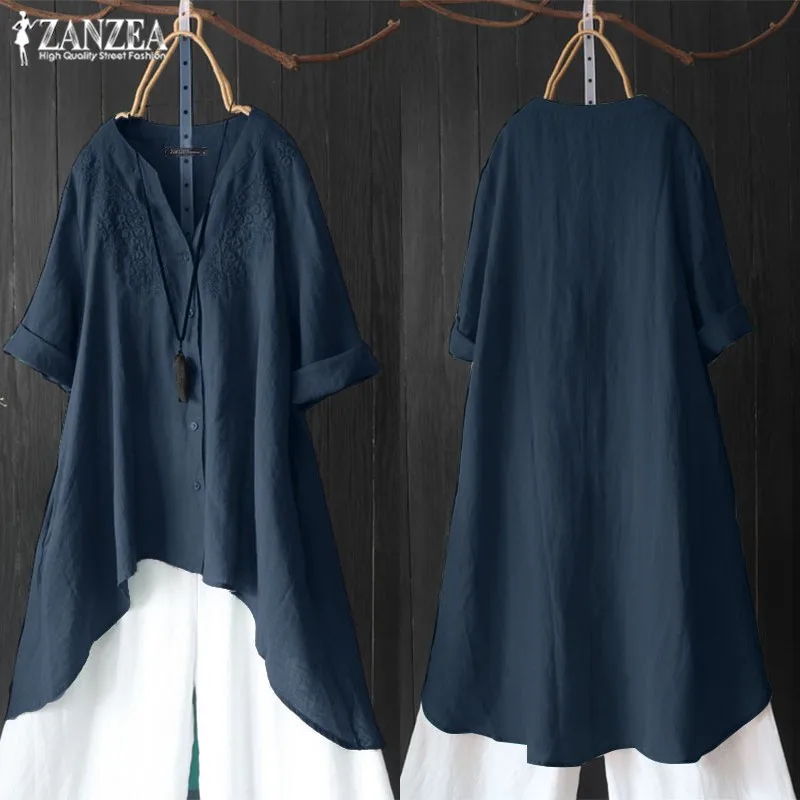 Блузка ZANZEA женская с вышивкой осенняя ассиметричная винтажная рубашка рукавом