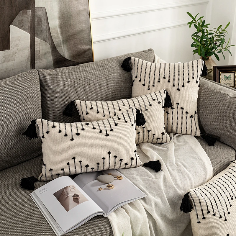 

Geometric Cushion Cover Tassels White Black Pillow Cover Woven Thick Cushion Cover for Home Decoration Sofa Bed 45x45cm/30x50cm