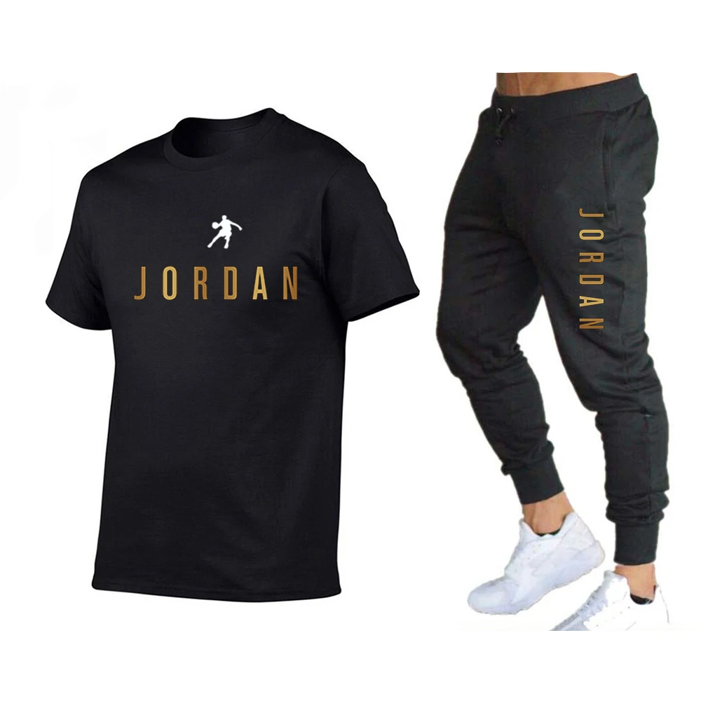 

2021Summer Men's T-shirt Set 2-piece Men's Sportswear Suit Basketball Sports Fitness Jordan-23 Printed Short Sleeve + Men's Suit