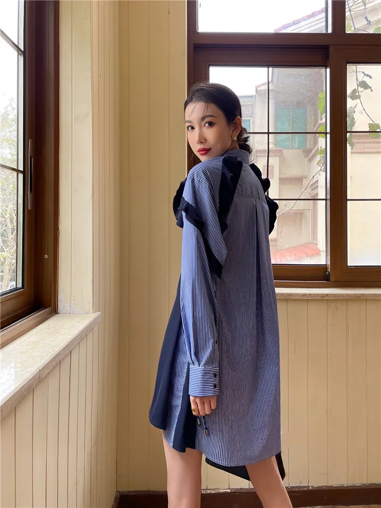 

2021 Fashion Women Patchwork Shirt Dress Button Up Blue Striped Collar Mini Tunic Designer Dress Spring Clothing S145