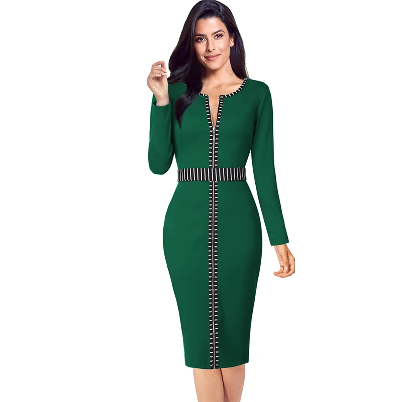 Женское платье с контрастной молнией спереди Vfemage элегантное облегающее офисное