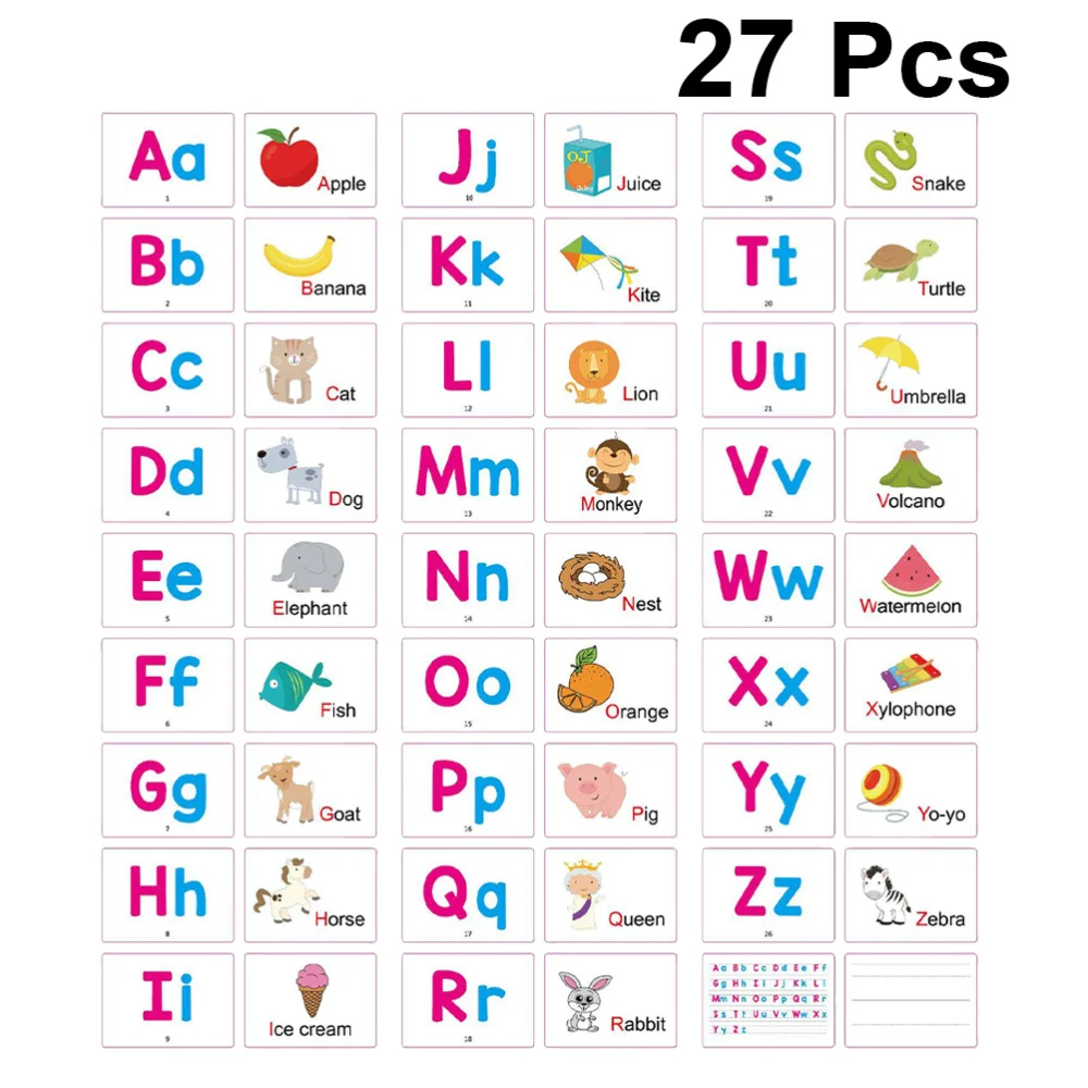 

27Pcs Children Early Education Alphabet Cards Funny English Words Cognition Memory Cards (with A Pen)