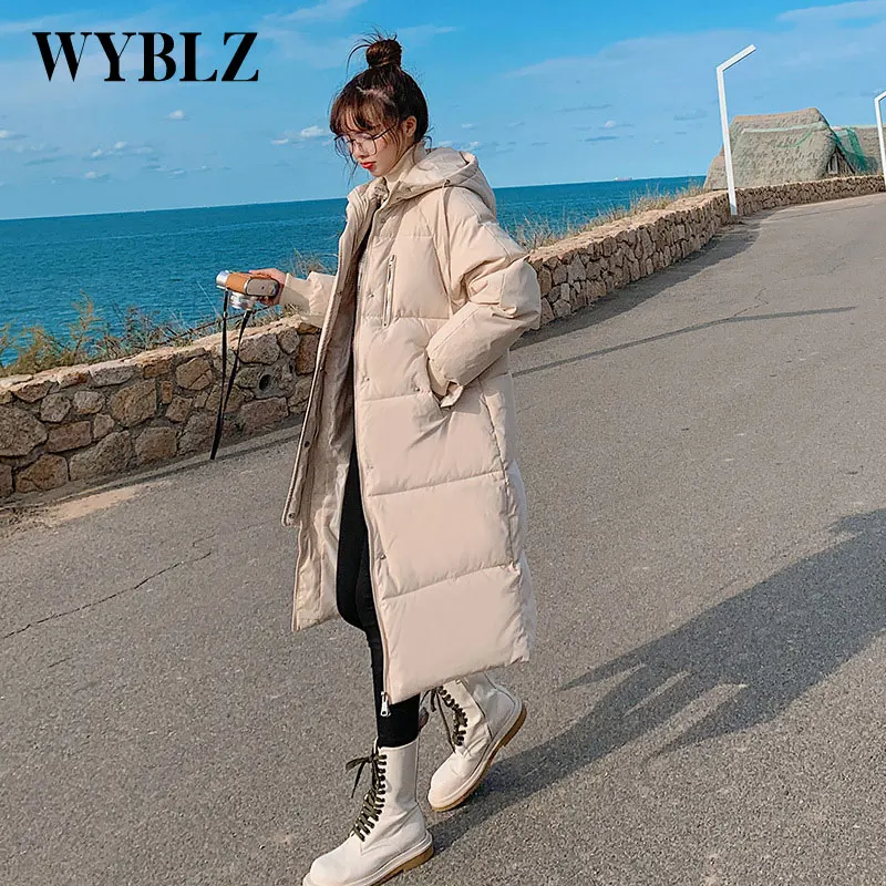 WYBLZ Winter Padded Warm Parkas Women Korean Loose Thicken Cotton Jacket Casual Solid Hooded Long Coat Oversized Womens Clothing