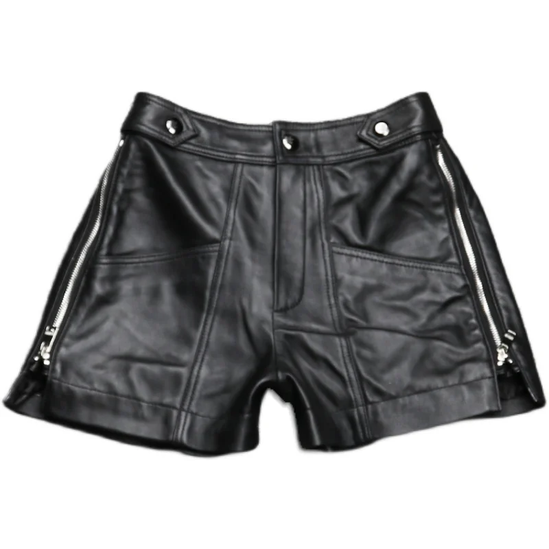 

Autumn High Street Real Leather Shorts Women High Waist Straight Black Shorts Multi-pockets Sheepskin Wide Leg Cargo-Shorts