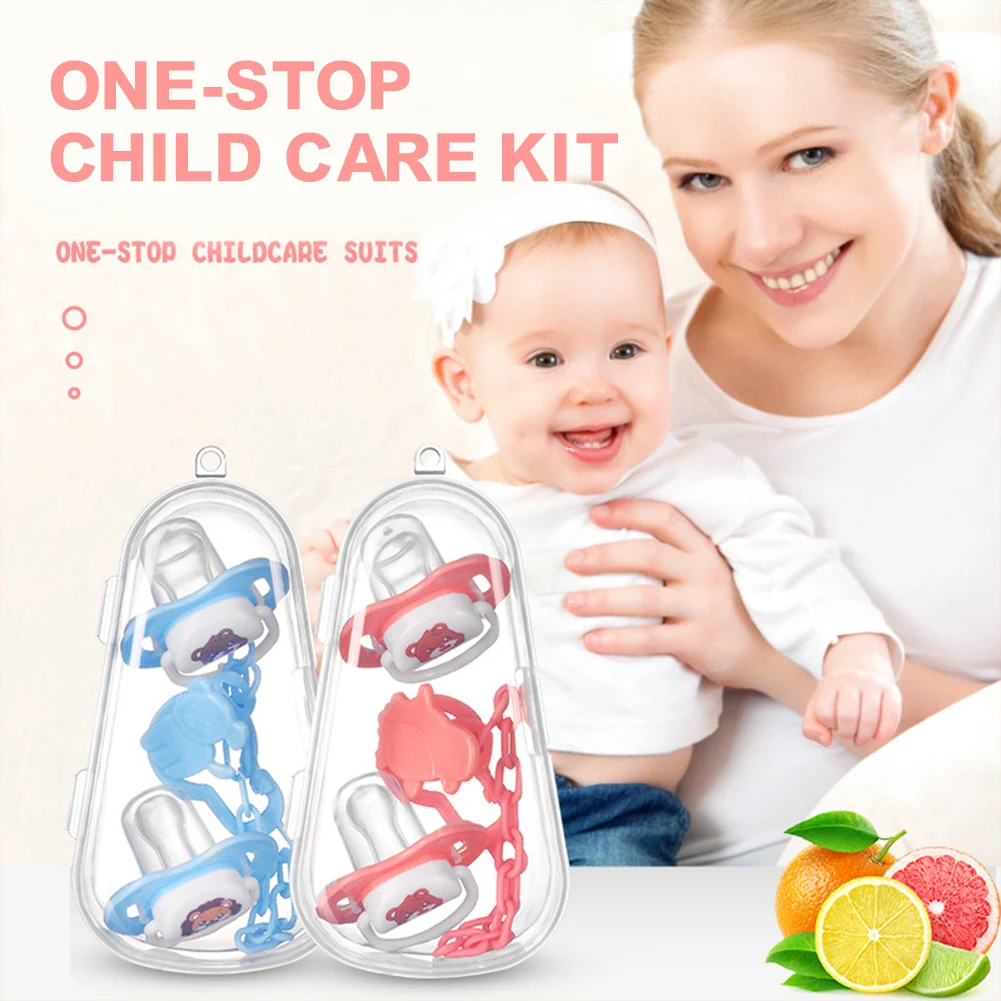 

Baby Pacifier Set Food Grade Silicone BPA Free Round And Flat Nipples For 0-3 Months And Up With Chain Carrying Case Care Bebe