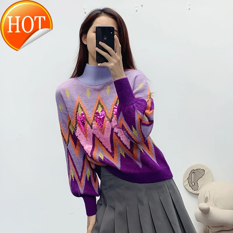 

Autumn and winter new semi high collar Pullover Lantern Sleeve purple sweater female embroidery slim temperament lazy style