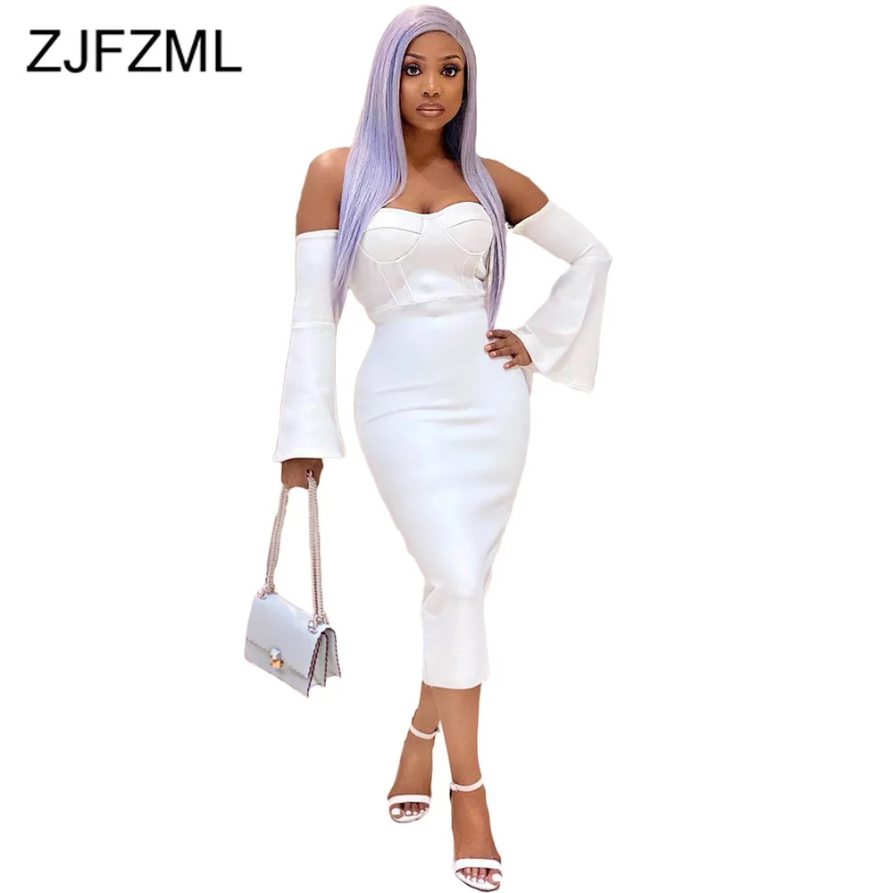 

White Off The Shoulder Elegant Party Dress Women Slash Neck Long Flare Sleeve Pencil Dress Autumn Wrap Chest Backless Slim Dress