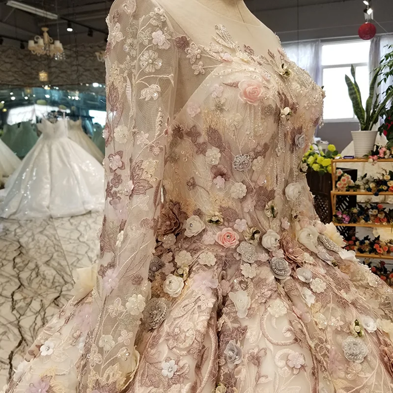 LS3211 luxury dubai evening dress long sleeves o neck 3D flowers floor length ball gown women occasion can make for muslim | Свадьбы и