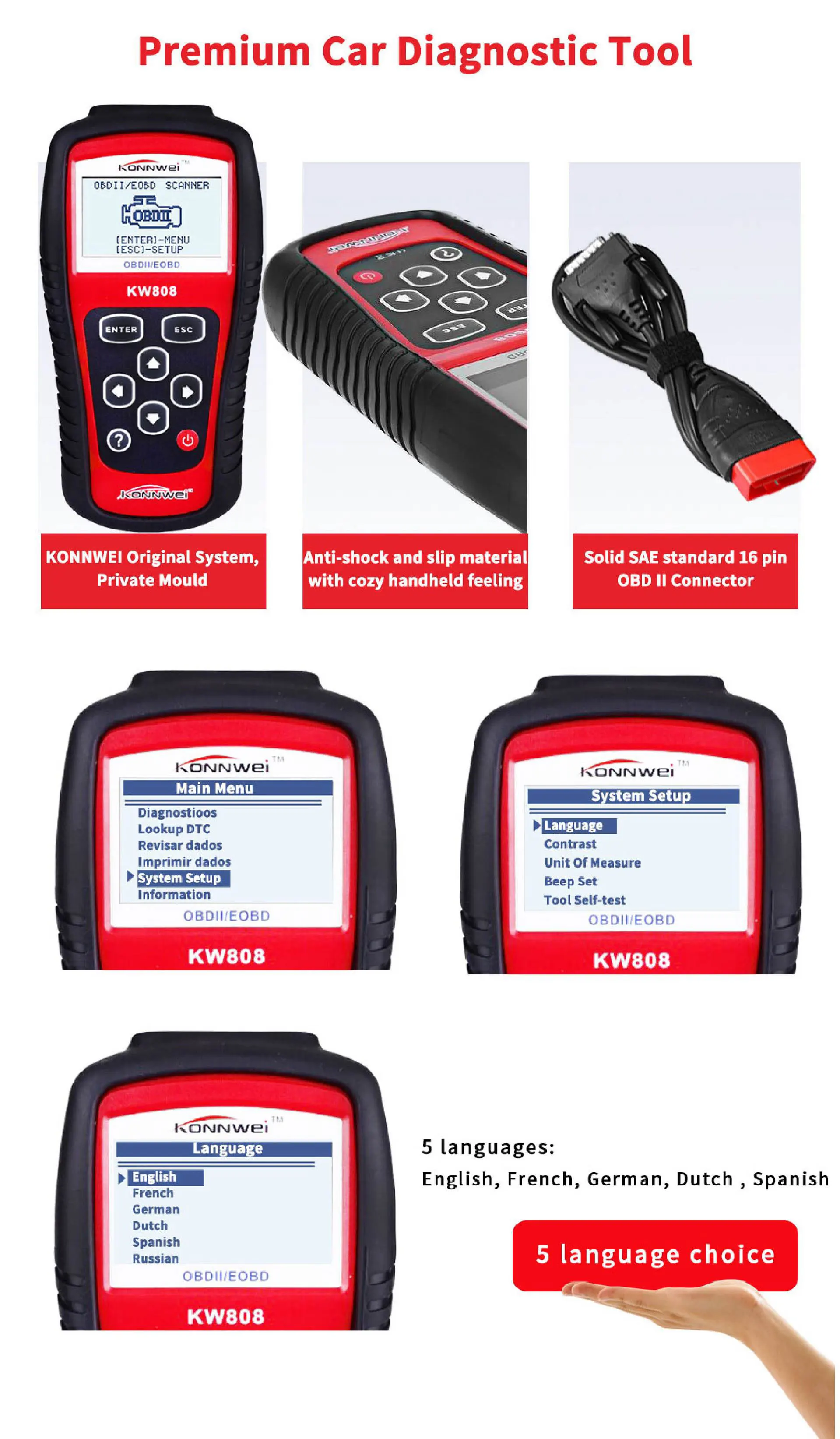 KONNWEI KW808 OBD Автомобильный сканер OBD2 автомобильный диагностический сканер инструмент поддерживает J1850 двигатель Fualt код ридер dfd