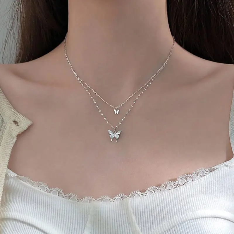 

925 Sterling Silver Color O-Chain Double Layer Exquisite Butterfly Pendant Choker Necklace Wedding Gift For Women Fine Jewelry