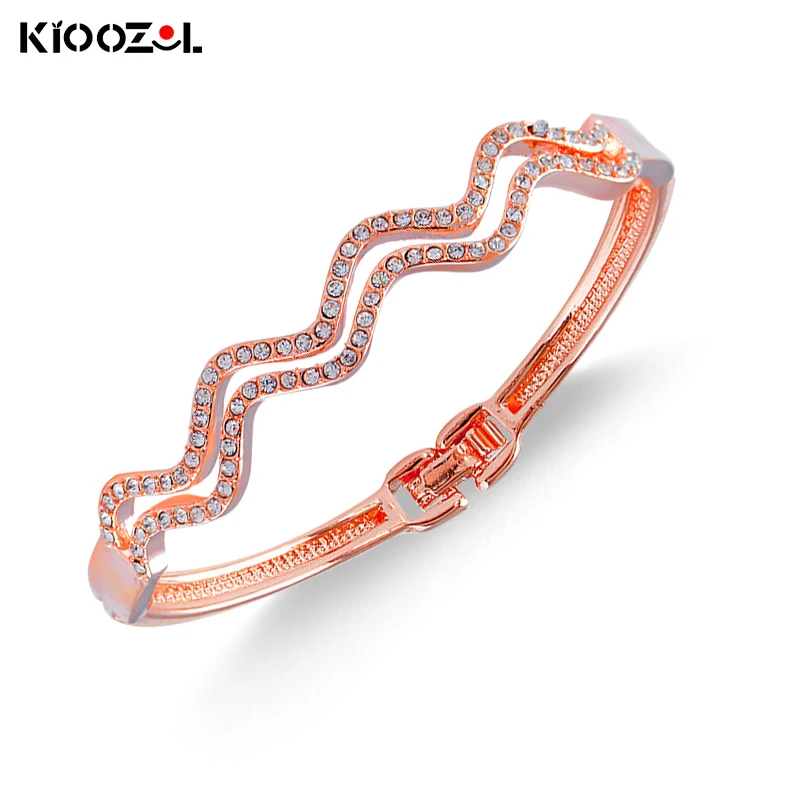 

KIOOZOL Romantic Rhinestone Wave Bangle Women's Bracelets On Hand Rose Gold Silver Color Wedding Jewelry Accessories 472 DP1